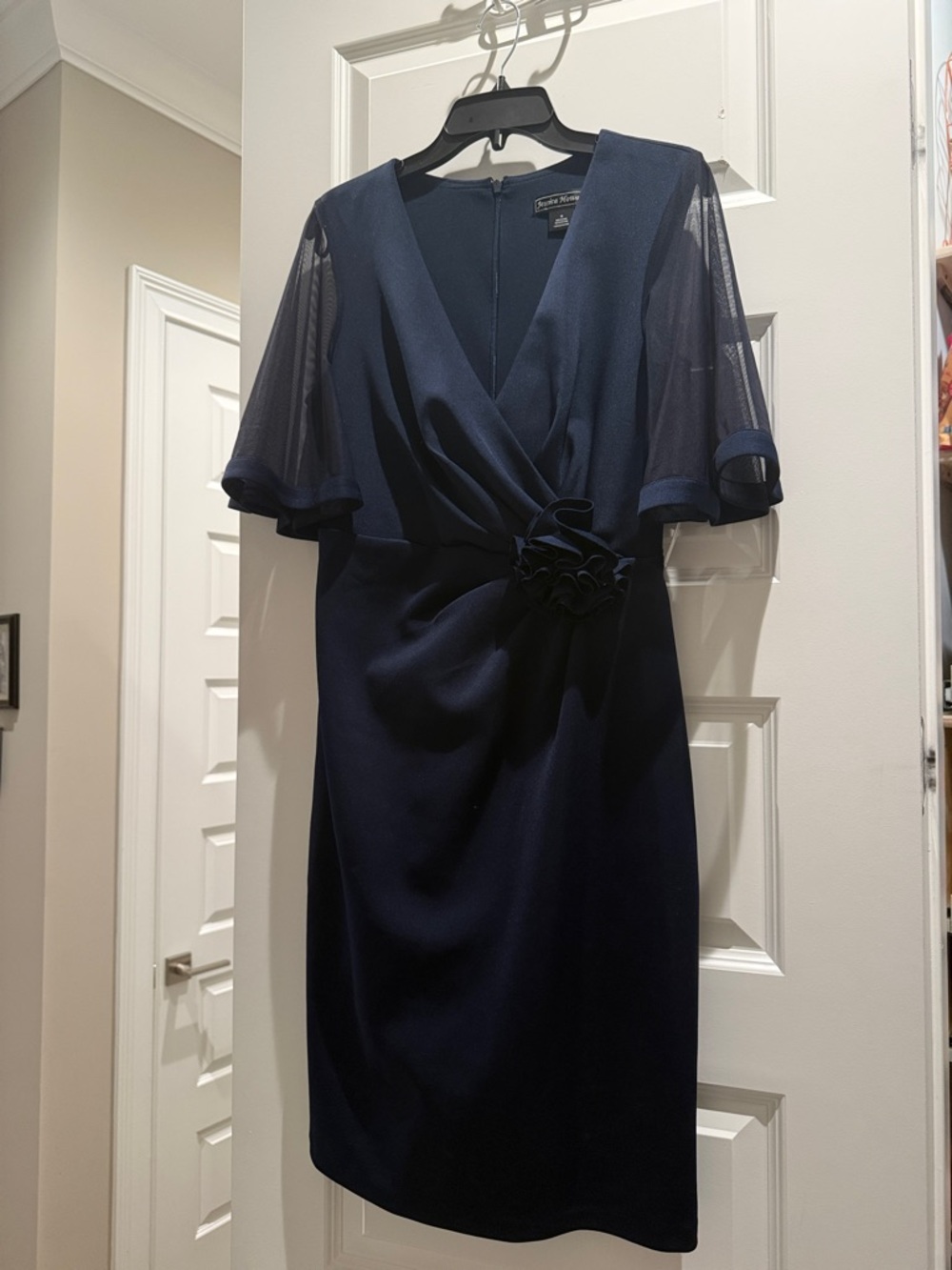 Jessica Howard Navy Midi Dress with Sheer Flutter Sleeves